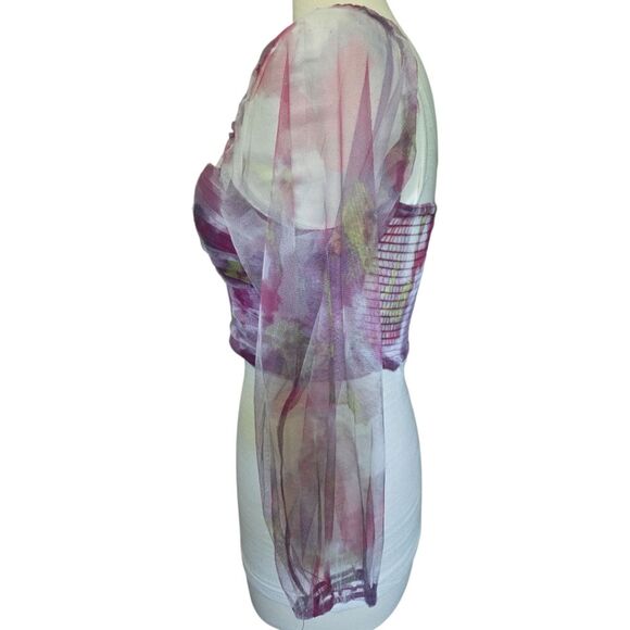 Pink Floral Ruched Crop Blouse W 3/4 Sleeves - M - Picture 6 of 10